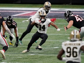 New Orleans Saints wide receiver Tommylee Lewis runs against the Atlanta Falcons during an NFL game on Dec. 6, 2020.