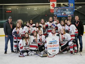 At the conclusion of Esso Minor Hockey Week on Saturday, Jan. 21, 2023, the GHC Jr Inferno Scorch had be crowned the U13 Female B champions.  Photo by Prime Time Sports Team Photography