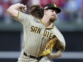 Padres starting pitcher Mike Clevinger throws during the first inning against the Phillies in Game 4 of the NL Championship Series in Philadelphia, Oct. 22, 2022.