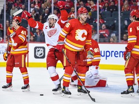 Detroit Red Wings forward Dylan Larkin celebrates a goal against the Calgary Flames at the Scotiabank Saddledome in Calgary on Thursday, Feb. 16, 2023
