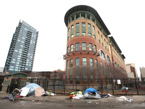 A camp is shown outside the Drop In Centre in downtown Calgary on Thursday, December 2, 2021.