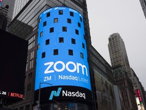 A sign for Zoom Video Communications ahead of the company's Nasdaq IPO in New York on April 18, 2019.