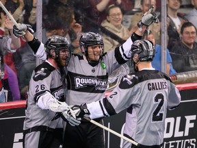 The Calgary Roughnecks celebrate a goal against the Colorado Mammoth at the Scotiabank Saddledome on Saturday, February 11, 2023.
