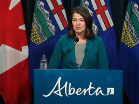 Alberta Premier Danielle Smith speaks during a media press conference in Calgary on Thursday, February 9, 2023.