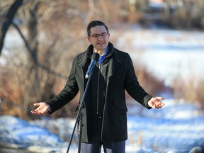 Federal Conservative party leader Pierre Poilievre speaks during a press conference on St. Patrick’s Island in Calgary on Wednesday, February 15, 2023.