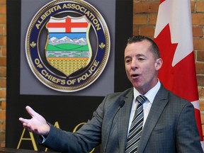 Alberta Association of Chiefs of Police president and Calgary Chief Constable Mark Neufeld speaks during a press conference in Calgary on Wednesday, February 22, 2023. The press conference followed the association’s release of results of a research paper on decriminalization.