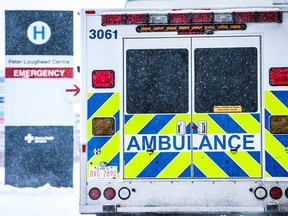 An ambulance waits outside the emergency entrance at the Peter Lougheed Centre in Calgary