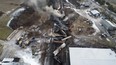 Drone footage shows the freight train derailment in East Palestine, Ohio, U.S., February 6, 2023 in this screengrab obtained from a handout video released by the NTSB.