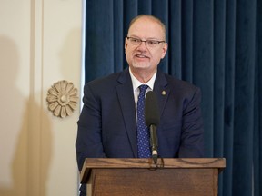 Kelvin Goertzen, Minister of Justice and Attorney-General, Keeper of the Great Seal of the Province of Manitoba and Minister Responsible for Manitoba Public Insurance, is sworn in at the Manitoba Legislative Building in Winnipeg on Jan. 18, 2022.