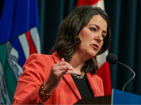 Alberta Premier Danielle Smith speaks with media at McDougall Centre in Calgary on Tuesday, Jan. 10, 2023.