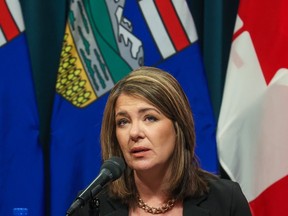 Alberta Premier Danielle Smith speaks at a press conference at the McDougall Centre in Calgary on Monday, Feb. 27, 2023.