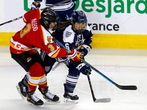 Mount Royal University Cougars defender Mackenzie Butz and the University of Calgary Dinos forward Josie McLeod battle during the Crowchild Classic at the Scotiabank Saddledome on Jan. 27, 2023.