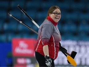 Northwest Territories skip Kerry Galusha celebrates after defeating New Brunswick at the Scotties Tournament of Hearts in Kamloops, B.C., on Saturday, Feb.18, 2023.