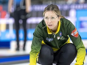 Krista McCarville of team Northern Ontario during play at the 2023 Scotties Tournament of Hearts.