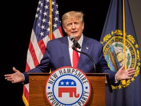 Donald Trump speaks at the New Hampshire Republican State Committee in Jan 2023.