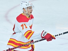 Calgary Flames right wing Walker Duehr celebrates after scoring a goal in the third period against the Arizona Coyotes at Mullett Arena.