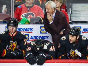 Calgary Flames head coach Darryl Sutter on his bench during the first period against the Chicago Blackhawks at Scotiabank Saddledome on January 26, 2023.
