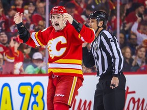Calgary Flames defenceman Dennis Gilbert pumps up the crowd after his fight against Philadelphia Flyers defenceman Nick Seeler during the first period at Scotiabank Saddledome on Feb. 20, 2023.