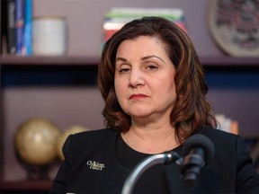 Alberta Education Minister Adriana LaGrange speaks at a press conference at John G. Diefenbaker High School in Calgary on Thursday, March 9, 2023.