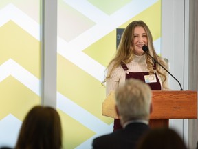 Julia Caddy, member of the AHS Youth Advisory Council, speaks the pre-opening ceremony of The Summit: Marian and Jin Sinneave Centre for Youth Resilience on Friday, March 10, 2023.