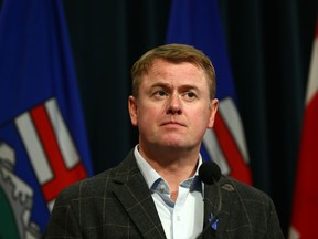 Alberta Justice Minister Tyler Shandro speaks in Calgary on Friday, March 17, 2023. He announced funding for access to justice for Albertans.