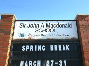 The exterior of Sir John A. Macdonald Junior High School is shown in Calgary on Monday, March 20, 2023.