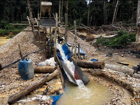 A structure to remove gold and cassiterite is pictured at an illegal mining camp, known as garimpo, during an operation by the Brazilian Institute of Environment and Renewable Natural Resources (IBAMA) against Amazon deforestation at the Yanomami territory in Roraima State, Brazil, on Feb. 24, 2023.
