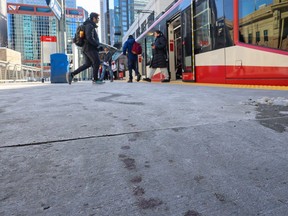 A blood trail was still visible at the 4th Street S.W. CTrain station after an early morning multiple stabbing incident on Wednesday, March 15, 2023. A man and woman were taken to hospital in serious non-life-threatening condition.