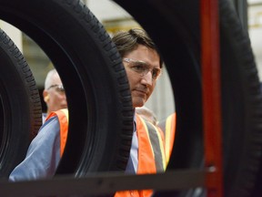 Prime Minister Justin Trudeau visits a Michelin Tire Plant in Bridgewater, Nova Scotia March 14, 2023.