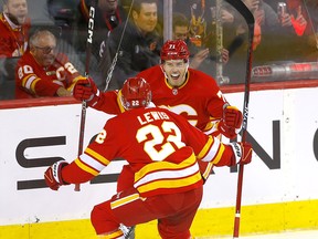 Calgary Flames forward Walker Duehr celebrates his goal against the Los Angeles Kings with Trevor Lewis at the Scotiabank Saddledome in Calgary on March 28, 2023.
