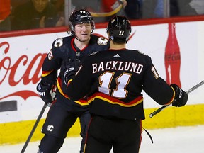 Calgary Flames Tyler Toffoli scores an empty net goal against the San Jose Sharks in third period of NHL action at the Scotiabank Saddledome in Calgary on Saturday, March 25, 2023.