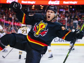 Calgary Flames centre Blake Coleman (20) celebrates his goal against the Boston Bruins during the second period at the Scotiabank Saddledome on February 28, 2023.