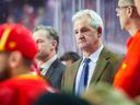 Calgary Flames head coach Darryl Sutter on the bench against the Ottawa Senators during the third period at the Scotiabank Saddledome in Calgary on March 12, 2023.