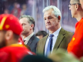Calgary Flames head coach Darryl Sutter on his bench against the Ottawa Senators during the third period at Scotiabank Saddledome in Calgary on March 12, 2023.