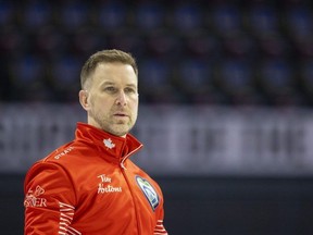Team Canada skip Brad Gushue studies the movement of rocks on the ice at Budweiser Gardens in London during a practice session for the Tim Hortons Brier on Friday March 3, 2023. (Mike Hensen/The London Free Press)