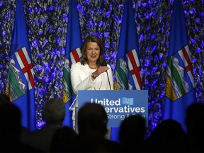 Premier Danielle Smith speaks during the sold out UCP Leader's Dinner at the Hyatt Regency in Calgary on Wednesday, March 22, 2023.