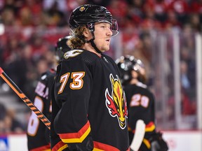 Calgary Flames Tyler Toffoli in action against the Columbus Blue Jackets at Scotiabank Saddledome on Jan. 23, 2023.