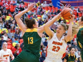 University of Calgary Dinos forward Louise Rouse tries to hold the ball as University of Alberta Pandas forward Claire Signatovich reaches to block during the Canada West championship final at the Jack Simpson Gym in Calgary on Saturday, March 4, 2023. The Pandas won 76-65.