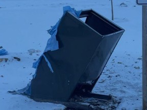A garbage bin in the town of Claresholm's Amundsen Park, which RCMP say was "blown up" early on the morning of March 6, 2023. Photo supplied by RCMP