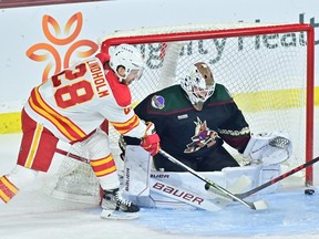 Arizona Coyotes goaltender Connor Ingram deflects a shot from Calgary Flames forward Elias Lindholm at Mullett Arena in Tempe, Ariz., on Tuesday, March 14, 2023.