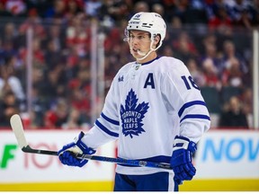 Mar 2, 2023; Calgary, Alberta, CAN; Toronto Maple Leafs right wing Mitchell Marner during the first period against the Calgary Flames at Scotiabank Saddledome.