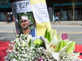 A memorial has been set up in remembrance of Paul Stanley Schmidt, who was stabbed to death outside the Starbucks coffee shop at West Pender Street and Granville Street.