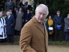 King Charles III leaves after attending the Christmas day service at St. Mary Magdalene Church in Sandringham in Norfolk, England, Dec. 25, 2022. The Royal Canadian Mounted Police say they will be gifting King Charles with a new horse, Noble, ahead of the monarch's upcoming coronation in May.