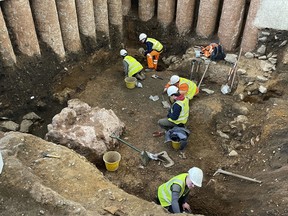 This undated photo and issued on March 7, 2023 by the University of Leicester shows an archaeological dig in the grounds of Leicester Cathedral, which began in October 2021.