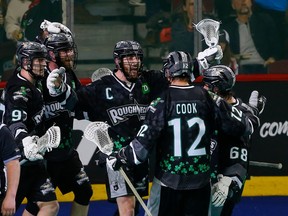 Calgary Roughnecks Jesse King scores on Saskatchewan Rush goalie Alex Buque in second half NLL action at the Scotiabank Saddledome in Calgary on Friday, March 17, 2023. Darren Makowichuk/Postmedia