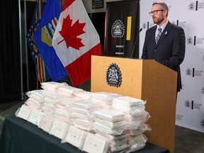 Staff Sgt. Mark Rahn with the Calgary Police Service organized crime operations unit speaks about the seizure of over 90 kg of cocaine worth $5.4 million on Thursday, April 6, 2023.