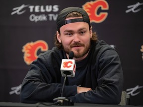 Calgary Flames Rasmus Andersson speaks with the media at Scotiabank Saddledome on Friday, April 14, 2023. Azin Ghaffari/Postmedia