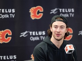 Calgary Flames forward Andrew Mangiapane speaks with the media at the Scotiabank Saddledome on Friday, April 14, 2023.