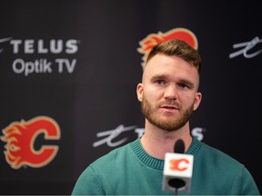 Calgary Flames Jonathan Huberdeau speaks with the media at Scotiabank Saddledome on Friday, April 14.