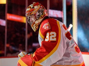 Calgary Wranglers Dustin Wolf enters the ice for a match against Coachella Valley Firebirds at Scotiabank Saddledome on Sunday, October 16, 2022.